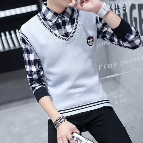 秋季毛衣男士假两件衬衫领潮流秋装上衣加绒带领针织衫假领线衣服图片