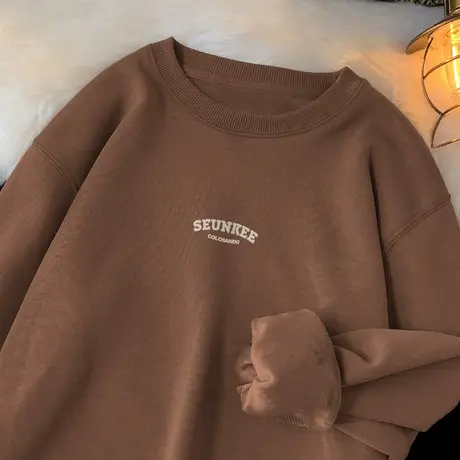 320g重磅套头卫衣男秋冬款潮牌潮流百搭加绒加厚无帽圆领长袖t恤商品大图