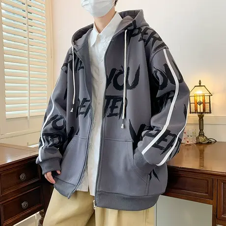 字母外套男春秋季潮牌宽松港风开衫卫衣男连帽休闲帅气青少年外套商品大图