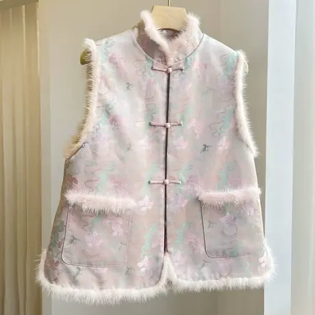 素飞新中式马甲秋冬加绒保暖背心手工盘扣水貂毛拼接背心Z23021图片