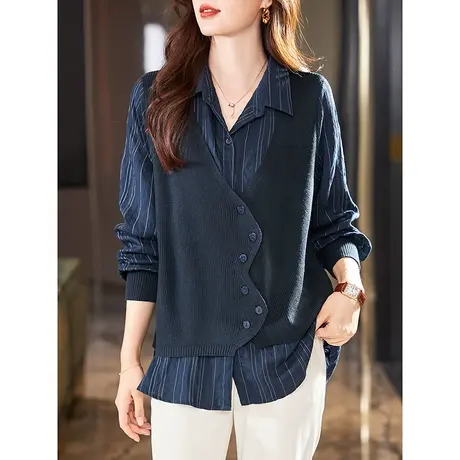 宝诗黎针织拼接条纹假两件衬衫女春季长袖宽松套头衬衣2024年新款商品大图