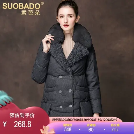 2023短款狐狸毛领拼接羊毛羽绒服一手长翻领双排扣白鸭绒外套女装图片