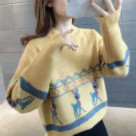 毛衣女春秋外穿2023年新款小鹿圆领宽松长袖套头洋气打底针织衫女商品大图