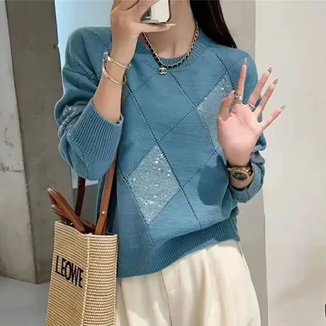 2023秋冬慵懒风毛衣女设计感新款套头亮片菱形高档网红针织衫上衣图片