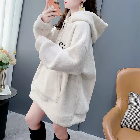 中长款加绒刺绣羊羔毛连帽卫衣外套女2023年秋冬新款宽松百搭上衣商品大图