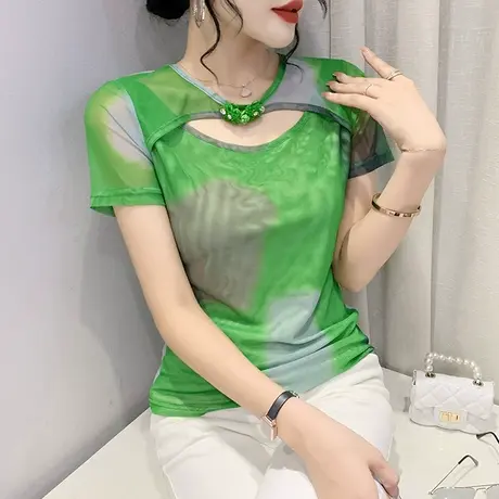 性感镂空T恤女短袖2024夏季新款复古上衣扎染印花网纱小衫半袖ins图片