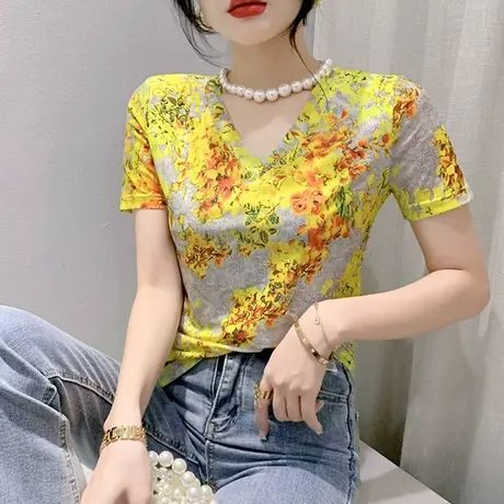 夏装新款性感V领短袖T恤女气质减龄网纱小衫设计感印花别致上衣潮商品大图