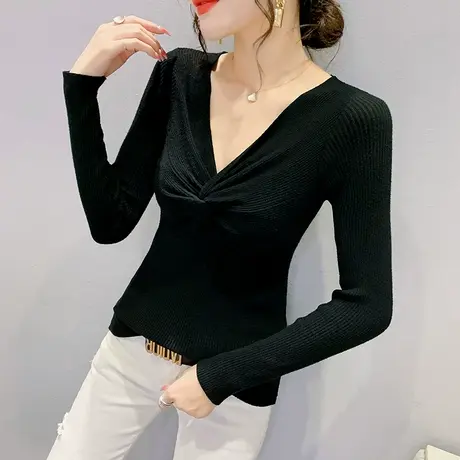 性感V领针织衫女春秋2024新款欧货洋气打底衫长袖紧身扭结上衣潮图片