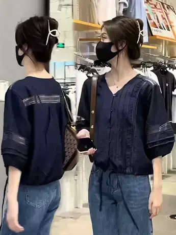 蕾丝拼接单排扣v领衬衫女夏季百搭设计感小众别致高级感复古衬衣商品大图