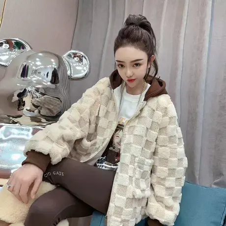 欧货2023年秋冬长袖设计感立体格子假两件连帽宽松毛毛开衫外套女图片