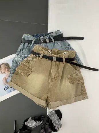 韩版假口袋卷边牛仔短裤女2023夏新款显瘦百搭磨白宽松阔腿a字裤商品大图