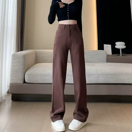 美式复古阔腿牛仔裤女春秋新款宽松显瘦高腰直筒咖啡色加长裤子商品大图