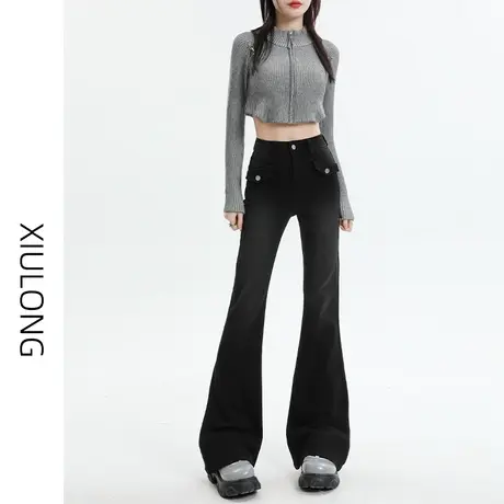 黑色高腰微喇牛仔裤女春秋季2023年新款显瘦美式阔腿马蹄喇叭裤子商品大图