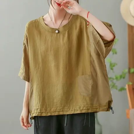 dza复古拼色苎麻短袖T恤女2023夏薄圆领打底体恤宽松棉麻套头上衣商品大图