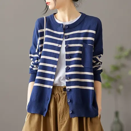 dza 复古短款条纹针织开衫女士2022新款春季休闲毛衣外套女装上衣图片