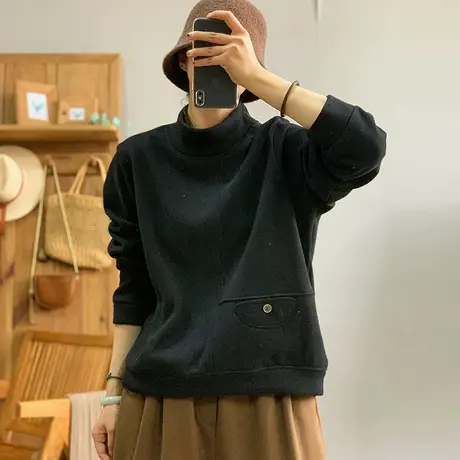 dza 复古高领纯棉加绒女士卫衣外套2023秋冬内搭口袋显瘦长袖上衣图片