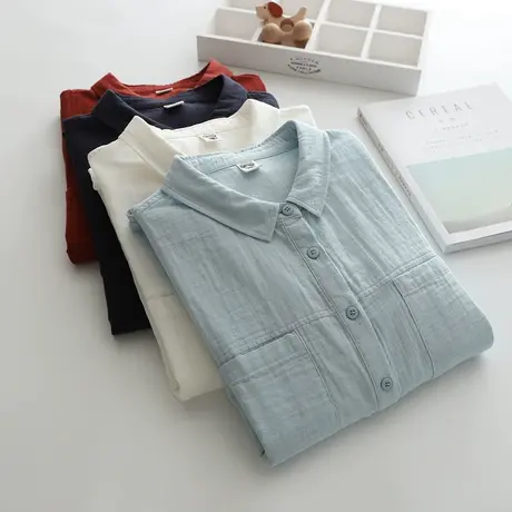 春秋新款日系文艺双层纱纯棉白色长袖衬衫女宽松休闲百搭打底上衣图片