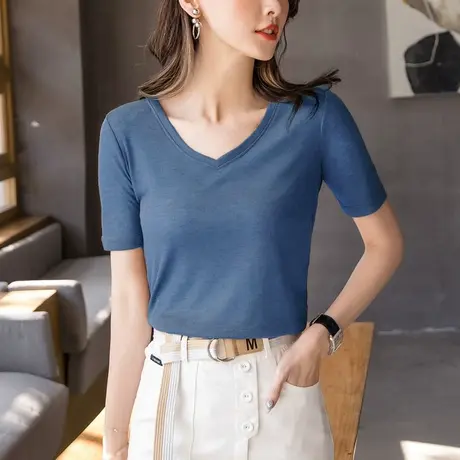 歌倍尚微透短袖T恤女2024夏季鸡心领天丝显瘦V领打底衫薄款上衣潮商品大图