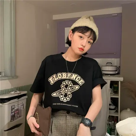 红续美式复古纯棉宽松短袖T恤女2023夏季新款hiphop炸街上衣ins潮图片