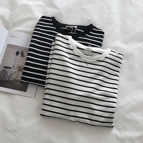 不过时基础款！百搭宽松显瘦条纹长袖t恤女打底衫上衣女洋气春秋商品大图