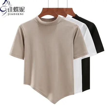 夏季新款韩版中高领宽松纯棉纯欲不规则短袖体恤上衣内搭女打底衫商品大图