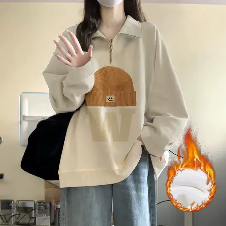 国潮高级感秋冬女装卫衣复古chic大码加绒上衣潮ins宽松遮肉外套商品大图