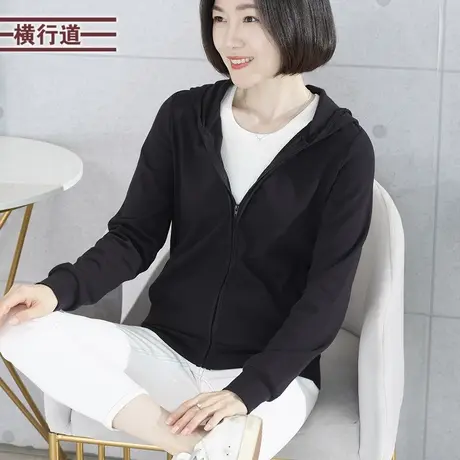 2025新款春季黑色棉质宽松大码胖MM妈妈长袖短口袋拉链连帽外套女商品大图