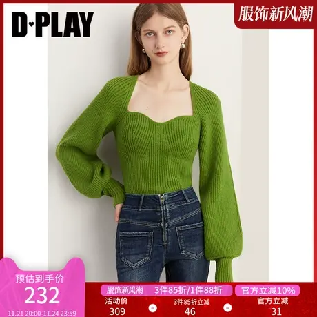 DPLAY新慵懒风重磅加厚安第斯绿宫廷领灯笼袖修身针织毛衣商品大图