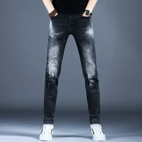 新款男士牛仔裤小脚修身裤子潮流男款美式高街复古撞色磨白休闲裤商品大图