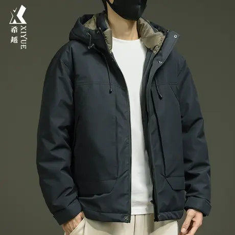 希越新国标鸭绒羽绒服男连帽工装外套宽松大码冬季面包服加厚夹克商品大图
