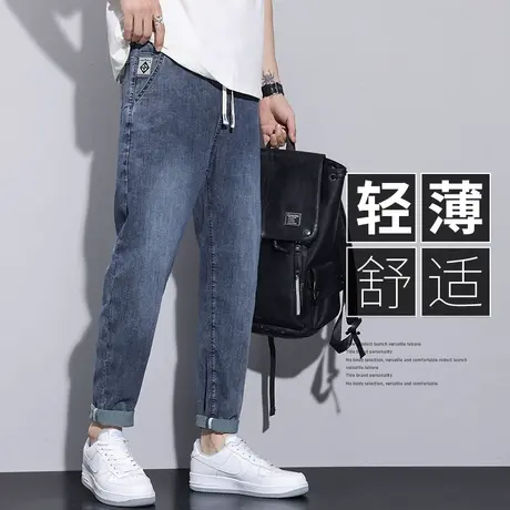 斜口袋抽绳系带九分休闲牛仔裤男士夏季薄款男裤子男生高级感夏裤商品大图