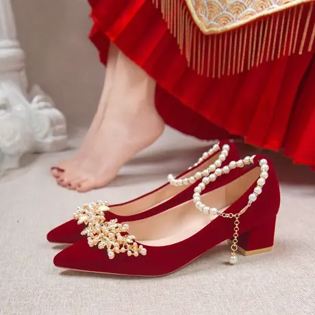 婚鞋新娘鞋秀禾婚纱两穿2023新款中式红色尖头高跟鞋女孕妇不累脚商品大图