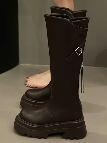 棕色法式显瘦小个子厚底靴子女长筒靴2023新款秋季复古高筒骑士靴图片