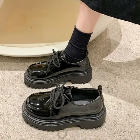 2024年春新款百搭厚底系带单鞋女英伦风黑色小皮鞋学生日系jk鞋子商品大图