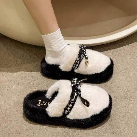 包头半拖鞋女外穿2024年早秋新款仙女气质温柔毛毛鞋松糕厚底棉拖商品大图