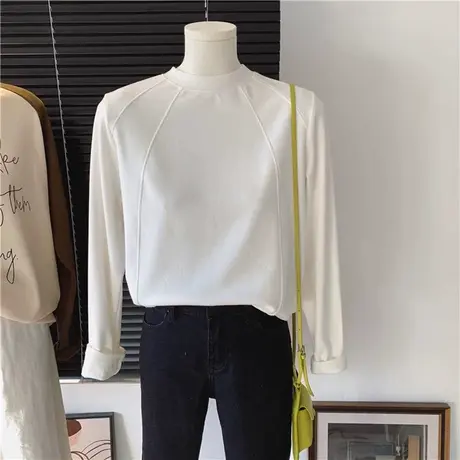 纯色简约长袖T恤女2023新款德绒保暖秋冬装宽松内搭打底衫上衣潮图片