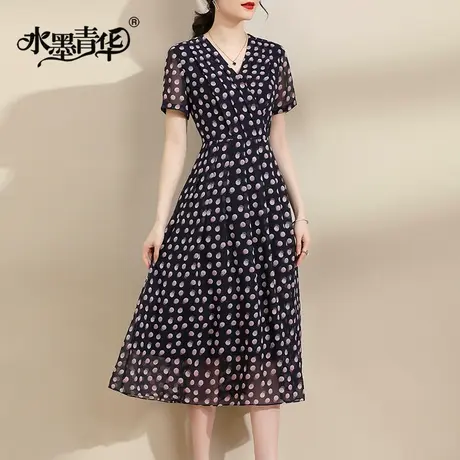 【1件7.9折】夏季新品百搭大摆波点印花裙中长款显瘦雪纺连衣裙图片