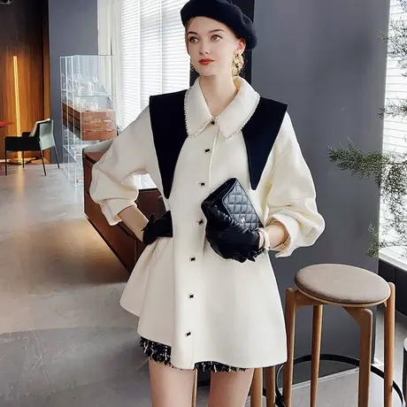 粉红大布娃娃优雅气质大翻领双面呢大衣中长款甜美淑女外套2022春商品大图