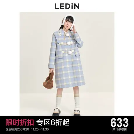 乐町海军领格纹毛呢外套女休闲秋冬新款甜美学院风中长款呢子大衣图片