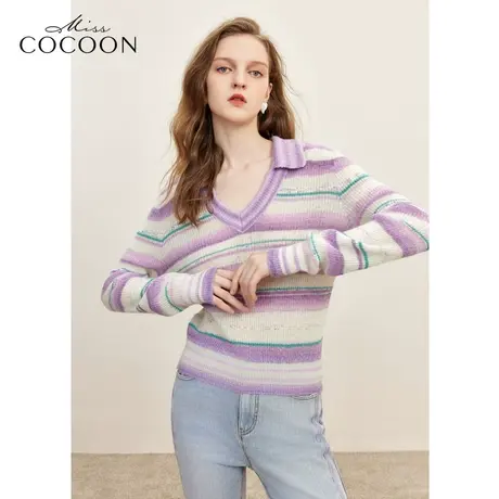 missCOCOON修身V领短款上衣2023冬季新女不规则条纹设计毛针织衫商品大图