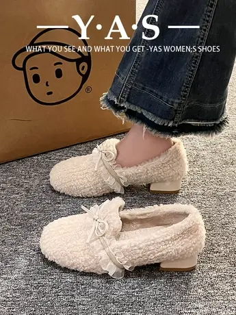 毛毛鞋女秋冬外穿2023新款蝴蝶结温柔中跟奶奶鞋加绒棉鞋粗跟单鞋商品大图