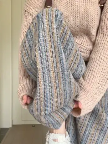 慵懒风独特别致加绒加厚条纹长裤设计感小众宽松直筒阔腿裤女秋冬图片