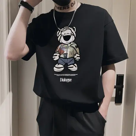 夏季男士t恤打底衫短袖修身半袖个性卡通图案原宿ins潮流圆领体恤商品大图