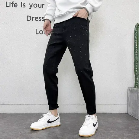 牛仔裤男春秋季潮牌修身小脚直筒长裤潮流夜店烫钻痞帅百搭休闲裤商品大图