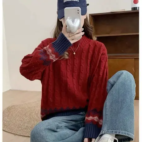 复古高级感超加厚半高领毛衣女冬季女款2024新款秋冬慵懒风针织衫商品大图