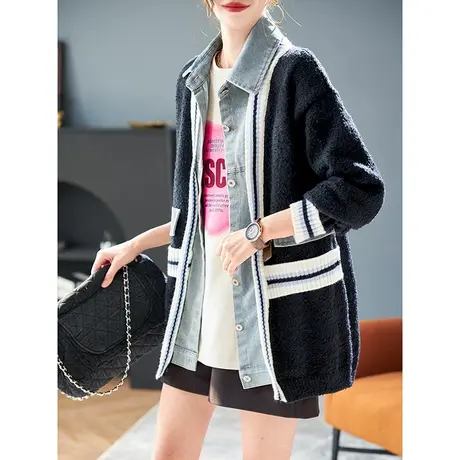 宝诗黎翻领牛仔拼接针织开衫时尚设计感中长宽松外套2024春季新款商品大图