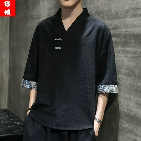 夏季新款中国风青年短袖男宽松唐装棉麻V领t恤半袖复古休闲七分袖商品大图