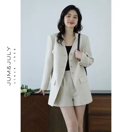 嘉茱莉2024春季新款短款西装套装女中长款V领西服外套设计感上衣图片
