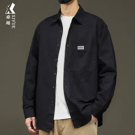 希越2024春季休闲衬衫男士新款宽松大码潮牌百搭外套纯棉长袖衬衣商品大图