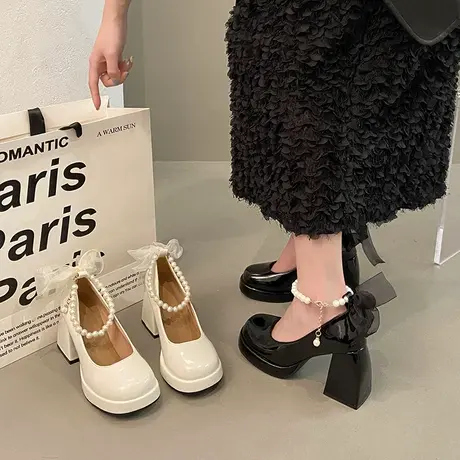 玛丽珍鞋女小皮鞋2024新款女鞋子小个子厚底女鞋高跟白色单鞋婚鞋商品大图